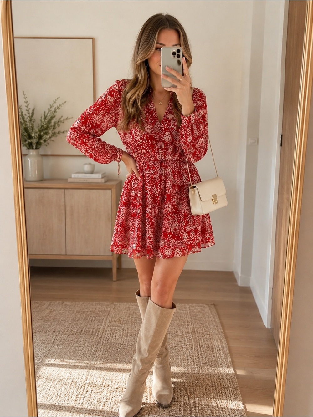 Rebecca Taylor Bohemian Silk Blend Long Sleeve Mini Dress Red White Size M